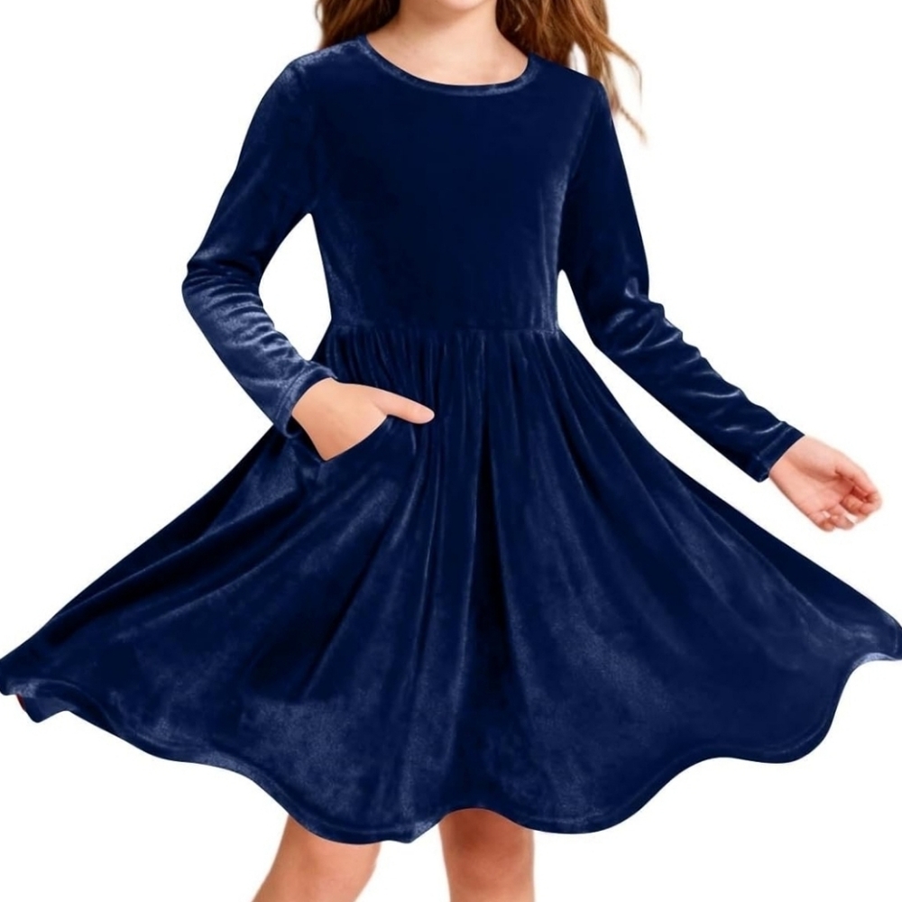 Girls Velvet Long Sleeve Dress in Deep Blue. Sz 12-13 Yrs.